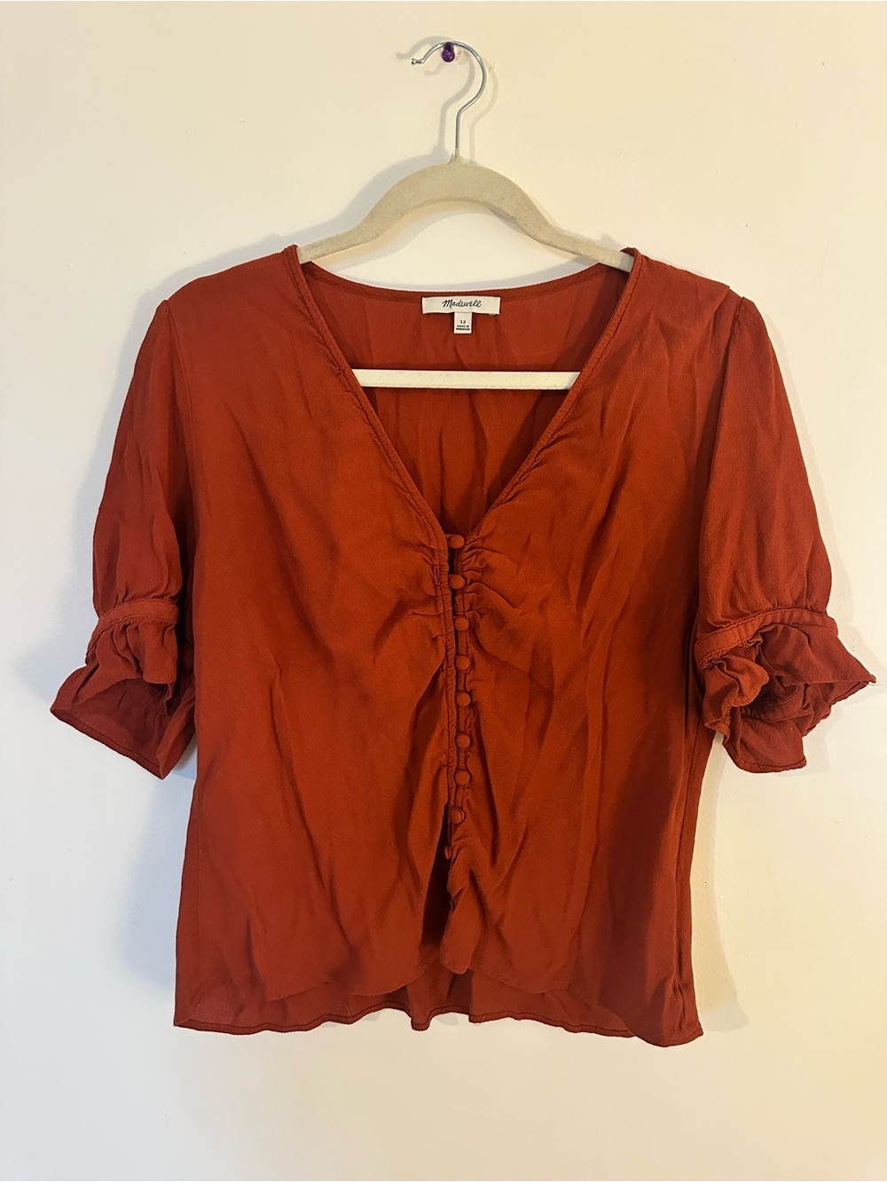 Madewell Rust Red Button-Front Ruffle Sleeve Blouse